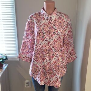 Chico’s No-Iron Linen Scroll-Print Side-Button Tunic